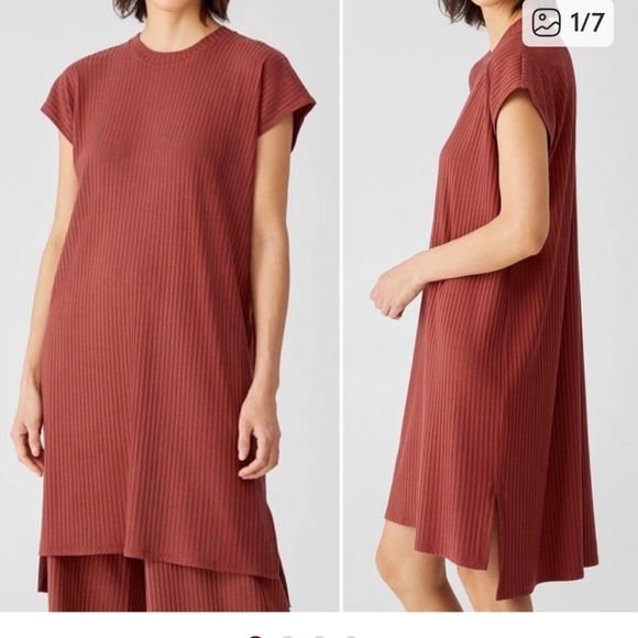 Eileen Fisher Terracotta Textured Stretch Rib Crew Neck Midi Dress Size Medium - Picture 1 of 9